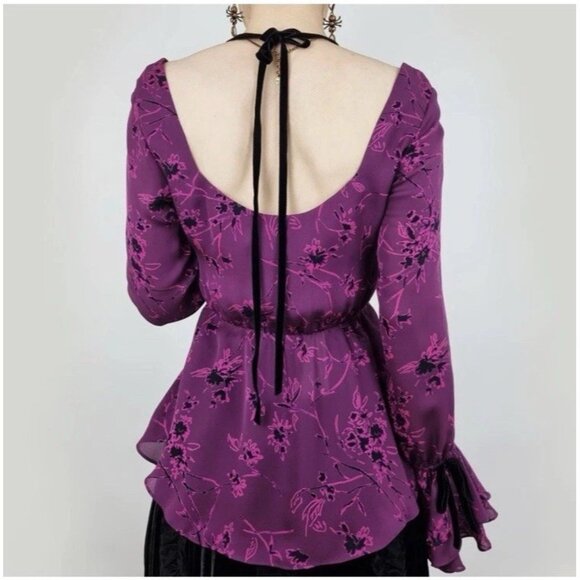 CINQ A SEPT Size Medium MABEL PURPLE FLORAL SILK BLACK VELVET RUFFLE BLOUSE TOP - Picture 7 of 16